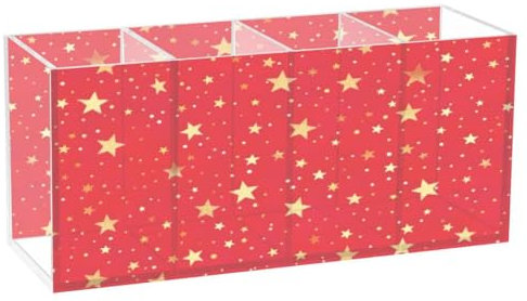 JUMBEAR Goldene Sterne mit rotem Hintergrund, Acryl-Stiftehalter, 4 Fächer, transparenter Stiftebehälter – Schreibtisch-Schreibwaren-Aufbewahrung, Make-up-Pinselhalter für den Schreibtisch,