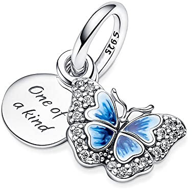 Lkwidi Charmes Blauer Schmetterling Zitat Double Dangle Charms-Anhänger 925 Sterling Silber Charm Bead Pendant für Europäische Armbänder und Halsketten
