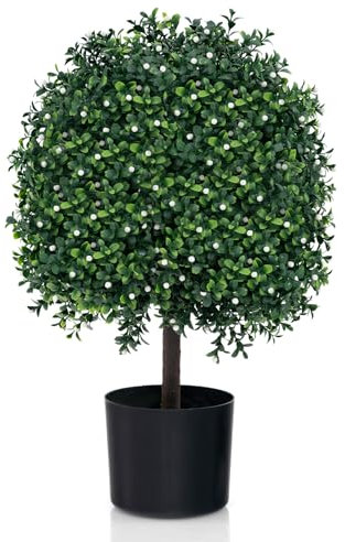 COSTWAY Albero di Bosso Artificiale, Pianta Finta con Foglie Resistenti ai UV, 343 Frutti Bianchi, Pianta in Vaso per Interni ed Esterni per Casa, Ufficio e Veranda