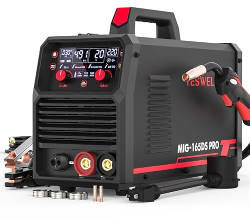 YESWELDER 165A MIG Welder, 110V/220V Dual Voltage, 4 in 1 Gas MIG/Flux Core MIG/Lift TIG/Stick Multiprocess Large LED Digital Display MIG Welding Machine