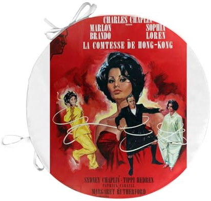 Fabulous Stuhlkissen, rund, die Gräfin von Hongkong, altes französisches Filmposter, Retro, Kinoposter, Vintage, 40 cm – Stuhlkissen