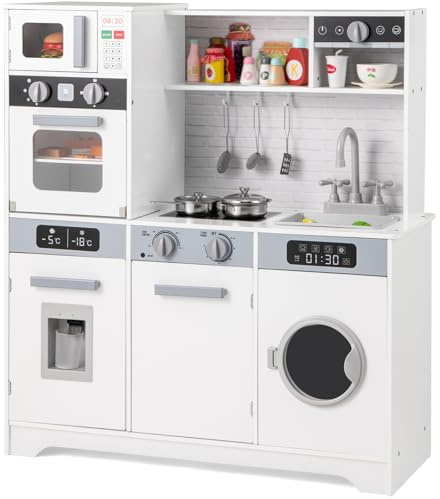 GYMAX Kids Play Kitchen, Wooden Toy Kitchen with Microwave, Water Dispenser, Washing Machine, Oven, Sounds, Lights, Sink, Cookware Accessories and Chef Pretend Kitchen for 3+ Years Old (White)