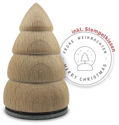 Weihnachtsstempel in Tannenbaum-Optik – Unlackiert, 4 cm Durchmesser, 6,8 cm Höhe inkl. Stempelkissen, Schneekugel - frohe Weihnachten