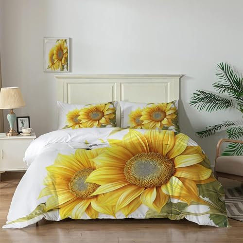 JSCWDET Bettwäsche 155x220cm 3teilig gelbe Sonnenblume Wendebettwäsche Sonnenblume Pflanzen Bettwaren-Set Komfortabler Weiche Bettbezug mit Reißverschluss und 2Kissenbezug 80x80cm