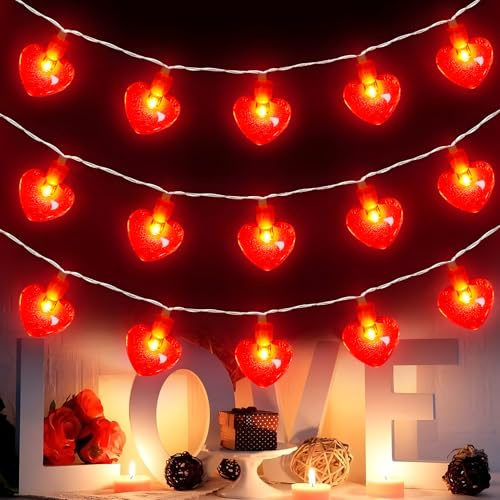 LED Lichterkette Herzen, Herzförmige Lichterkette mit Papier Herz Konfetti | Lichterkette Rot 3m Lichtlänge,für Valentinstag Dekoration, Hochzeit Jahrestag Party Deko