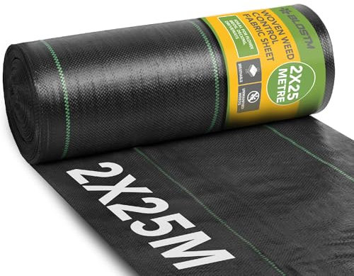 BLOSTM Woven Weed Control Membrane - Garden Membrane Weed Control Heavy Duty for Gravel or Grass Underlay, UV Stabilised Ground Cover Membrane for Garden, Landscaping Weed Barrier Fabric - 2m x 25m