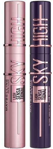 Maybelline New York Lash Sensational Sky High Mascara, Volumising & Lengthening Mascara, Washable Flake-Free Formula: Black + Plum Twilight (Duo Bundle)