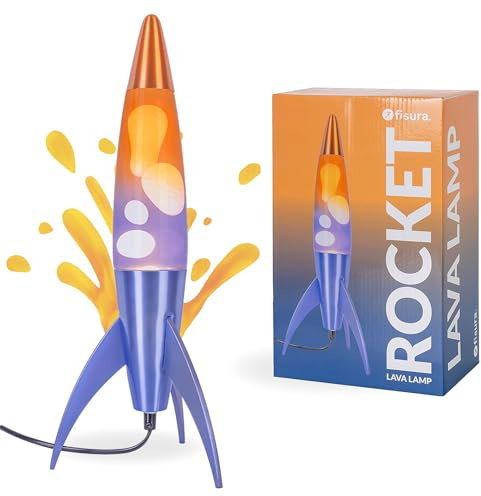 Fisura - Lampada lava blu e arancione “rocket”. Base metallizzata e bottiglia sfumata arancione. Design rétro con lampadina di ricambio. 20 cm x 20 cm x 45 cm.