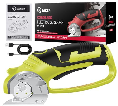 Saker Cordless Electric Scissors,4V Rechargeable Cardboard Box Cutter Fabric Scissor with Safety Lock & LED Light,Power Rotary Cutter for Leather Carpet Plastic Cutting (Cordless Scissor, Green)