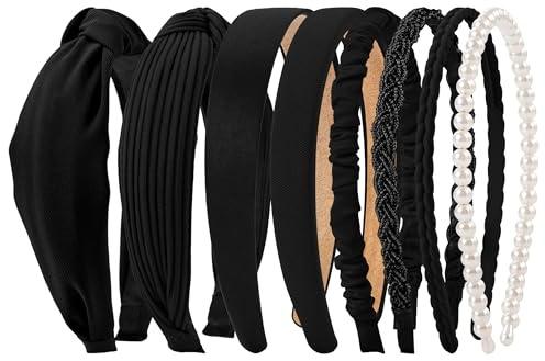 HBselect 8 Stück Haarreifen Set Damen Stirnband-Set Satin Perle Breit Stirnbänder für Damen und Mädchen Haarband Headbands Schwarz