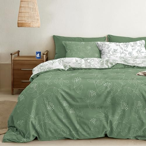 Dreamzie Funda Nordica Cama 200 – Funda Nordica 240x260cm, Fundas de Almohada 65x65cm (x2) – Microfibra 100% – Certificado Oeko Tex – Estampado Hojas Verde Salvia