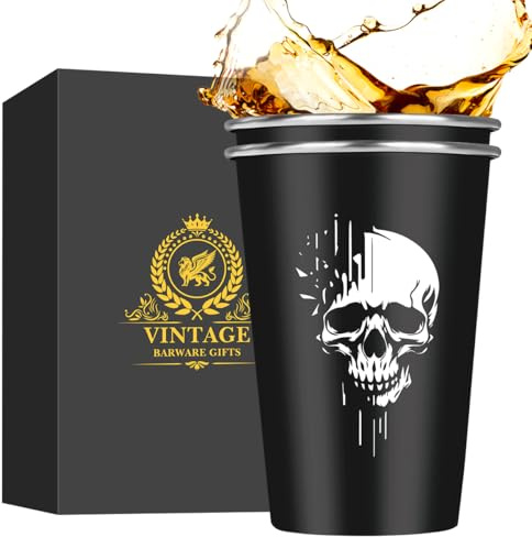 MR.BARWARE Lot de 2 tasses à bière en acier inoxydable motif tête de mort pour fan de gothique, tasses de camping empilables pour activités intérieures et extérieures, cadeaux de fête des pères