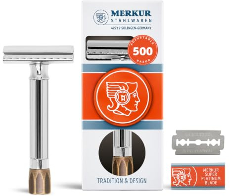 MERKUR Einstellbarer Rasierhobel 500C - Antik | Glanzchrom/Messing | Zweiteiliger Premium Rasierer mit geradem Schnitt | Ideal für Nassrasur | Zinkdruckguss | Messing Griffstück | Made in Germany