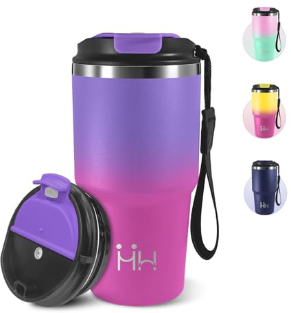 Thermobecher, 600 ml, thermobecher to Go Mug, 304 Edelstahl, Kaffeebecher mit Auslaufsicherem Deckel, Wiederverwendbar Kaffee Isolierbecher, Ideal für Camping, Autofahren - Dunkelviolett&Rosenrot