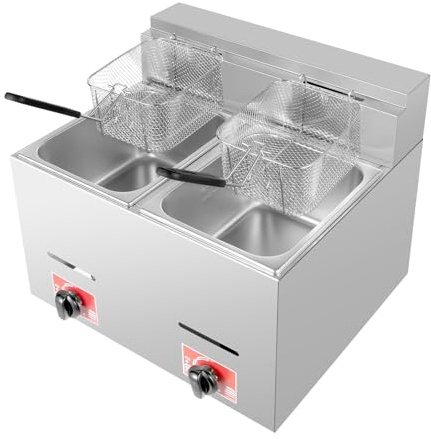 Friggitrice a gas, in acciaio inox 2800Pa, doppia friggitrice a gas, 2 x 6 l, professionale, con cesti e coperchi, temperatura fino a 200 °C, per patatine fritte, anelli di cipolla e croco