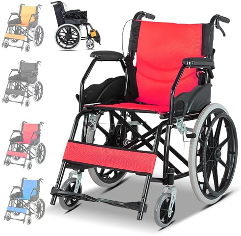 ZQHQKJ Leichter Rollstuhl Faltbar mit Abnehmbaren Fußstützen, Transportrollstuhl Reiserollstuhl für Senioren Erwachsene, Schmaler Rollstuhl für die Wohnung, 43 cm Sitzbreite, bis 150 kg,Rot