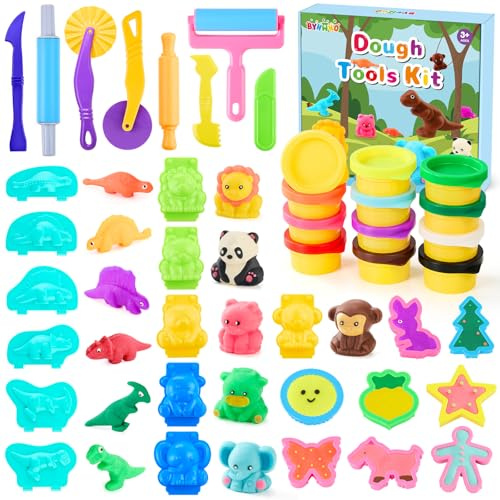 BYHANO Arcilla polimérica de 12 colores y juego de herramientas de 28 piezas, herramientas de arcilla de bricolaje, incluyendo mini cuchillos, moldes de animales 3D (dinosaurio, panda), kit de