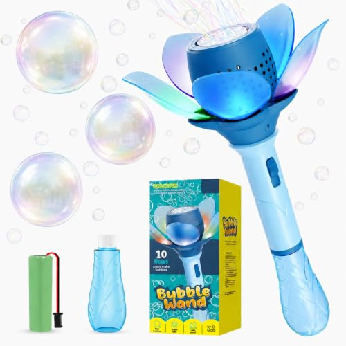 Seifenblasenmaschine Kinder, elektrische Seifenblasenmaschine mit LED Licht, Blaue Blumen Seifenblasenstab für Jungen & Mädchen ab 3 Jahren, Seifenblasen Spielzeug Garten Geburtstag Sommerparty