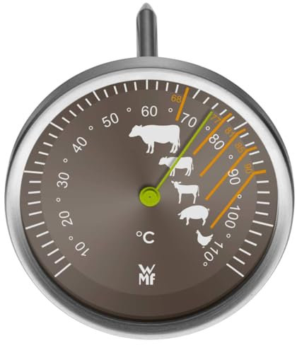 WMF Fleischthermometer analog 6,3 cm, Bratenthermometer mit Garpunkte-Markierungen für Steak Rind Kalb Lamm Schwein Geflügel, Sonde bis 110°C