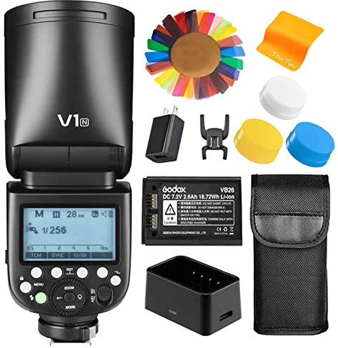 Godox V1N TTL Flash Round Head Camera Flash Kit 2.4G HSS 1/8000S Zoom On Camera Flash Speedlight, 2600mAh Lithium Battery, 480 Full Power Flashes, LED Modeling Lamp
