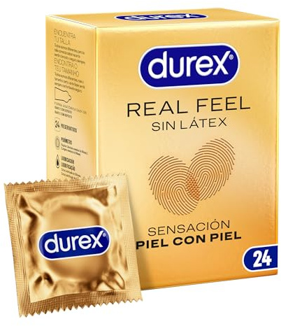 Durex Preservativos Real Feel, Extra lubricados, Sin Látex, Forma Easy-On, 24 condones