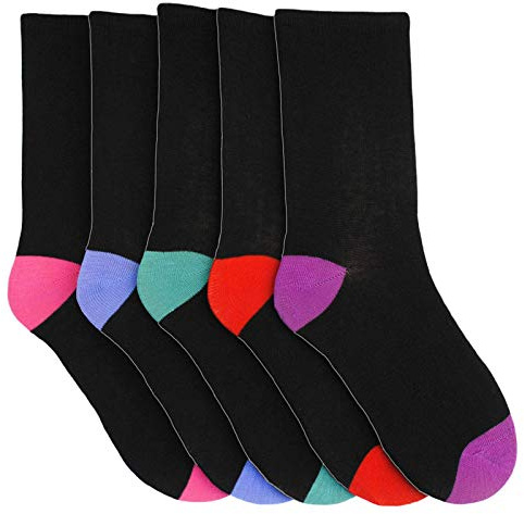 QZ FASHION Ladies 5 Pairs Cotton Rich Socks Black with Multicoloured Heels & Toes uk 4-7