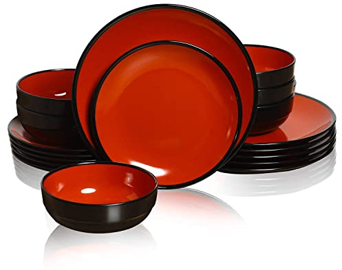 TP 18-Piece Dinnerware Set, Melamine Dishes Set with Bowls and Plates, Service for 6, Non-breakable Lightweight Dining Tableware, Black and Red