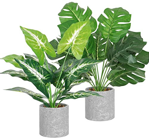 Dremisland 2pcs Fake Plants Artificial Monstera Plants in Pot 16 Tall Artificial Potted Plant with Grey Pot Faux Foliage Greenery Plant for Office Desk Shelf Table Bathroom Bedroom Indoor Décor