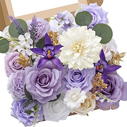 Serwalin Lot de fleurs artificielles violettes, roses artificielles avec tiges pour centres de table DIY, fleurs de gâteau de mariage, bouquet de mariée, décorations de fête et de maison pour fête de
