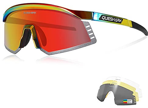 Queshark Fahrradbrille, TR90 Unbreakable Frame Polarisierte Sport sonnenbrille, Sportbrille für Männer Frauen mit 4 Wechselobjektiven, zum Fahren Angeln Glof Baseball Laufen
