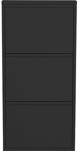 Kare Design Schuhschrank Caruso Schwarz, Metall, mit 3 Klappen, Schuhablage für 6 Paar Schuhe, schmal, platzsparend, hoch, Schuhregal, Eingangsbereich, 104x50x15 cm (H/B/T) | 3 Kippfächer für max. 6 Paar Schuhe, platzsparend, minimalistischer Stil, Eingangsbereich