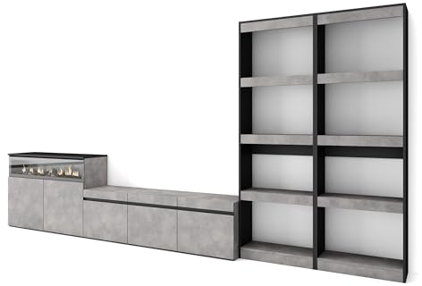 Skraut Home | Wohnwand Wohnzimmer | Wohnzimmermöbel, Möbelset | 370x186x35cm | Für TV-Geräte bis zu 65 | Elektrokamin. | Moderner Stil | Zement