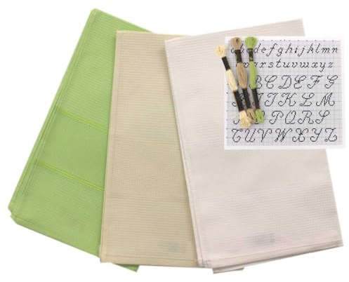 hobbymio.it 3 Pezzi di Strofinacci da Cucina da Ricamare a Punto Croce con 3 Matassine di filo e Schema Ricamo, Set di 3 Canovacci con Tela Aida + 3 Matassine di filo + 1 Schema Alfabeto (MIX 2)