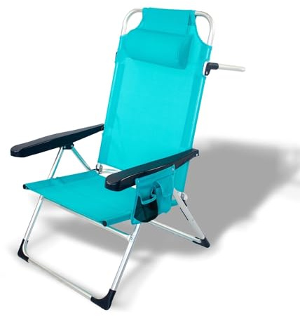 Pincho Silla Playa Plegable, Sillon Alto con Cojín, Reclinable, Altura del Asiento 29,5 cm, Asa de Transporte, Bolsillo para Movil y Bebida Textileno Resistente, Jardin, Camping, Hamaca (Turquesa, 1)