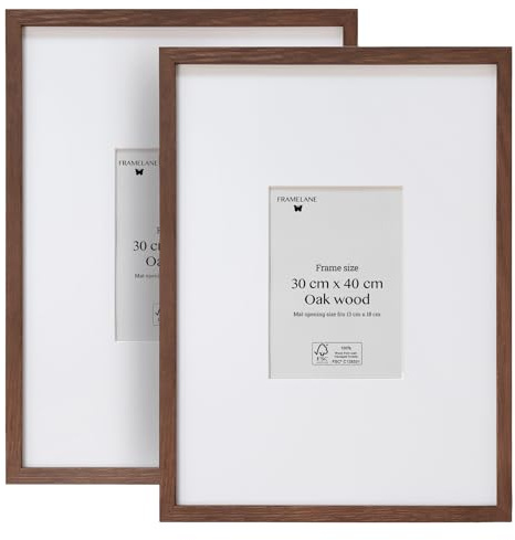 Framelane Set de 2 Marcos Madera Oscura 30x40 en Roble FSC con Vidrio Acrílico Antirrayas y Antirroturas - Marco con Passepartout - Montaje Vertical u Horizontal Elegante