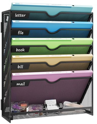 Kinkota Hanging Wall File Organizer 6-Tier Wall Mount Mail Organizer & Desk Paper Organizer, Sleek Black Metal File Folder Holder for Office, Cubicle, Bedroom | All-in-One Document Storage Shelf