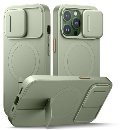 SURITCH Funda Magnética Compatible con iPhone 13 Pro, Carcasa de amortiguación a Prueba Protectora con Tapa de cámara Deslizante y Soporte Ajustable(Verde)
