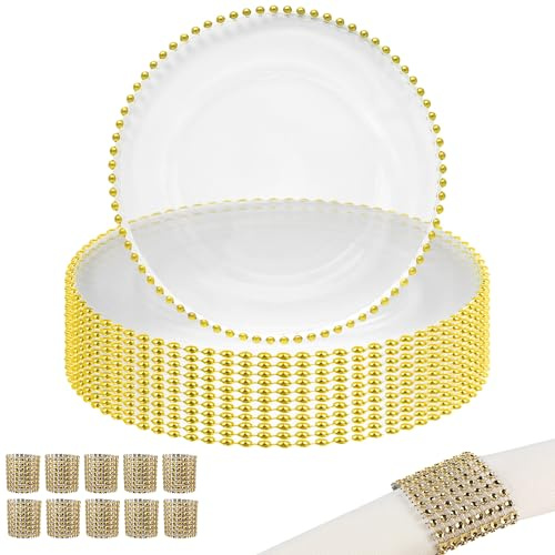 Event Decor Shop Elegant Clear Glass Charger Plates & Gold Napkin Rings Set – 10 Pcs | Beaded Design 33cm Plates for Wedding, Dining, Parties & Events – Reusable Table Setting & Decorative Placemats