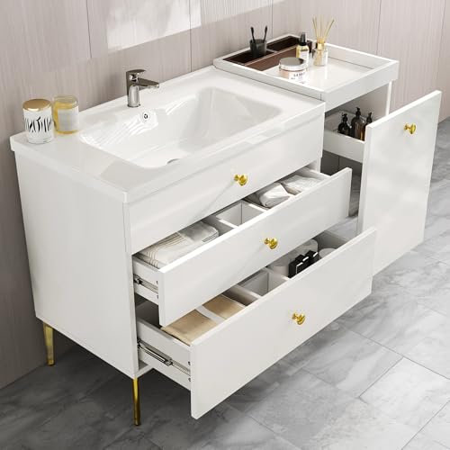 Cayipng Tocador de Baño con Lavabo, Mueble Separado para Lavabo con 3 Cajones, Mucho Espacio de Almacenaje, Estructura de Madera Maciza, Blanco y Dorado, 120×47.5×80cm (White + Standing)