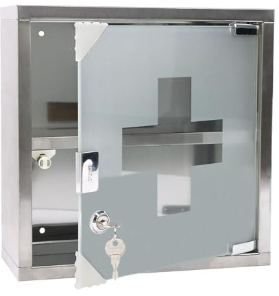 FIVMEN Armadio per medicinali in acciaio inox, con 2 scomparti, per farmacie, da appendere con porta in vetro e 2 chiavi, armadietto per medicinali, 30 x 30 cm