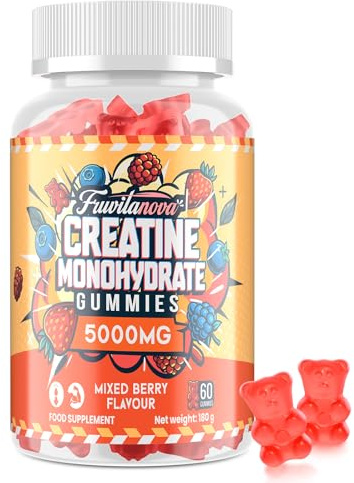 Fruvitanova Creatine Monohydrate Gummies - 5000mg per Serving, Fruit Flavor Soft Chews with Taurine & Black Pepper for Muscle & Strength, 60 Count (60 Count (Pack of 1))