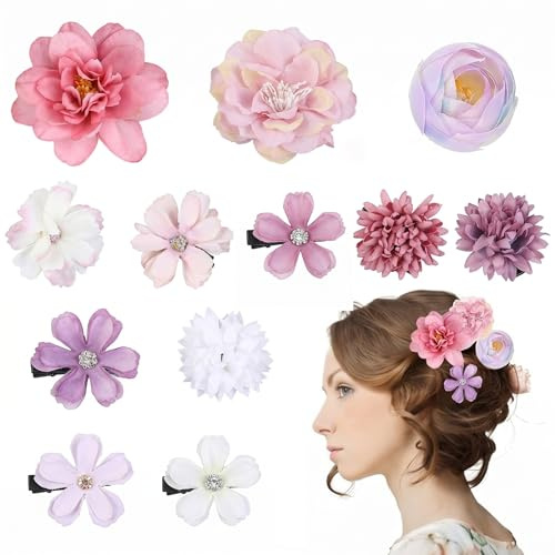 MYZWEL 12 Piezas Flores Flamenca Pelo para Mujer y Niña, Pinza Flor Pelo Rosa y Morado, Accesorios para el Cabello Tocados Boda Fiesta Playa y Feria de Abril, Pasadores de Flores Grandes y Elegantes