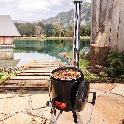 BRAST® Eintopfofen mit Grillfunktion Ofen Kugelgrill Barbecue Grill Outdoor-Küche Gulaschkanone Suppenkessel Hähnchenbräter Ungarischer Gulaschkessel aus Stahlblech emailliert Dreibein inkl. Zubehör