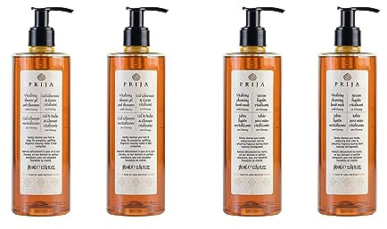 Prija Hand Wash and 2 in 1 Shower Gel Shampoo Bundle Ginseng 4x 380ml | Vitalising Spa Body and Hair Care Set with Pump Dispensers. For Daily Use at Home or Hotels. Premium Quality.