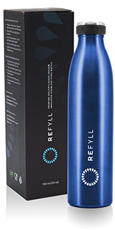 REFYLL Edelstahl Trinkflasche “dailyFYLL” - 500ml, 750ml, 1l - Auslaufsichere Thermosflasche mit doppelwandiger Vakuum Isolierung - Isolierflasche für Sport, Uni, Büro, Schule (Blau, 750 ml)