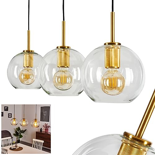 HOFSTEIN Pendelleuchte Karo, Retro Pendellampe aus Metall in Goldfarben und klaren Glasschirmen im Retro/Vintage-Design, 3-flammige Deckenlampe, max. Höhe 123 cm, 3 x E27, Esszimmer, Wohnzimmer, Küche