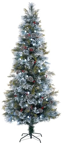 WeRChristmas 7 ft Pre Lit Snow Flocked Christmas Tree, Fibre Optic | Pre Lit Snow Flocked Christmas Tree 7ft, Fibre Optic Christmas Tree, 44 Bright White LEDs, Pinecones & Berries, 2.1m