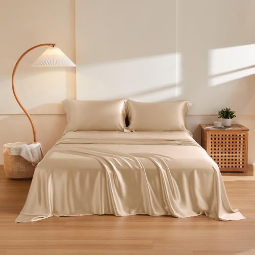 THXSILK Silk Sheet Set 4Pcs, 6A+ Top Grade 100% Natural Mulberry Silk Bed Sheets Luxury Bedding Sets Ultra Soft Durable Cooling, 1 Fitted Sheet, 1 Flat Sheet and 2 Pillow Shams (Queen, Champagne)