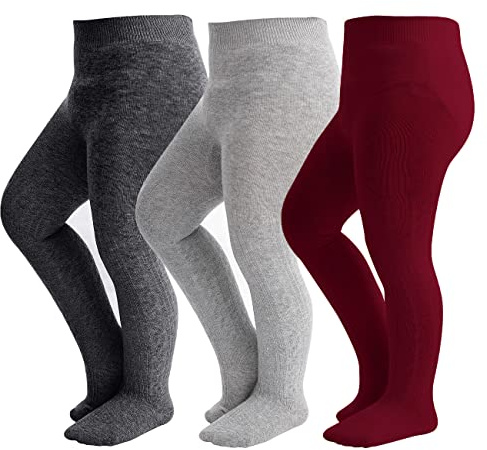 hakugoo Baby Tights Toddler Cable Knit Leggings 3 Pack Cotton Seamless Stockings Pantyhose for Infants Toddlers (Grey+Charcoal+Burgundy, 0-6 Months)