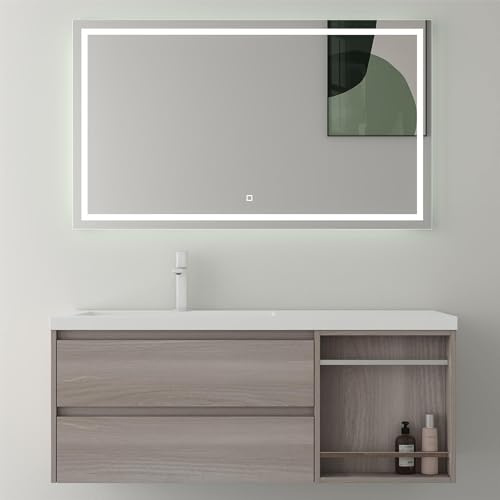 Mai & Mai Waschtisch mit Unterschrank Waschbecken-Unterschrank | Badmöbel-Set Waschbeckenunterschrank Softclose Leo Oak 120x46x49cm inkl. Mineralguss Waschbecken und LED-Badspiegel Open